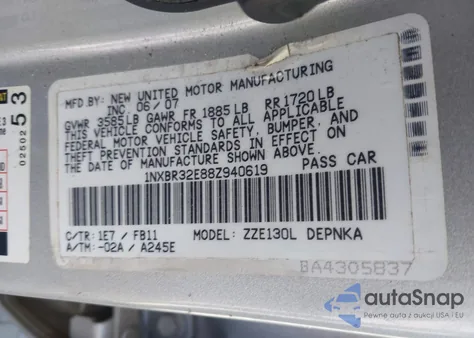 2008 Toyota Corolla Le z USA, uszkodzony, nr VIN 1NXBR32E88Z940619